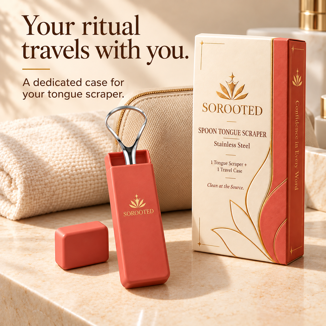 SOROOTED Spoon Tongue Scraper — travel case artwork