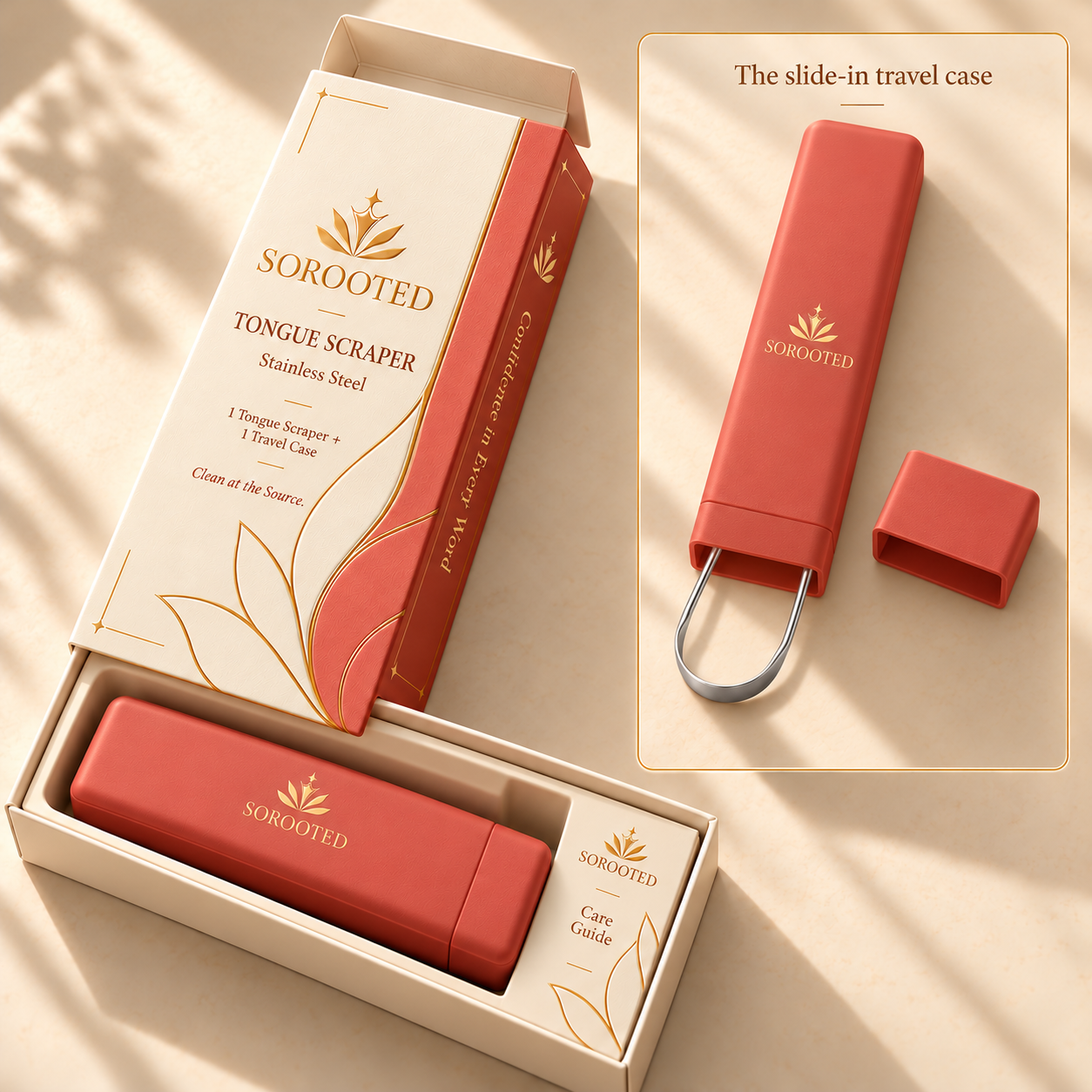 SOROOTED U-shaped Scraper design preview — carton, travel case and care guide