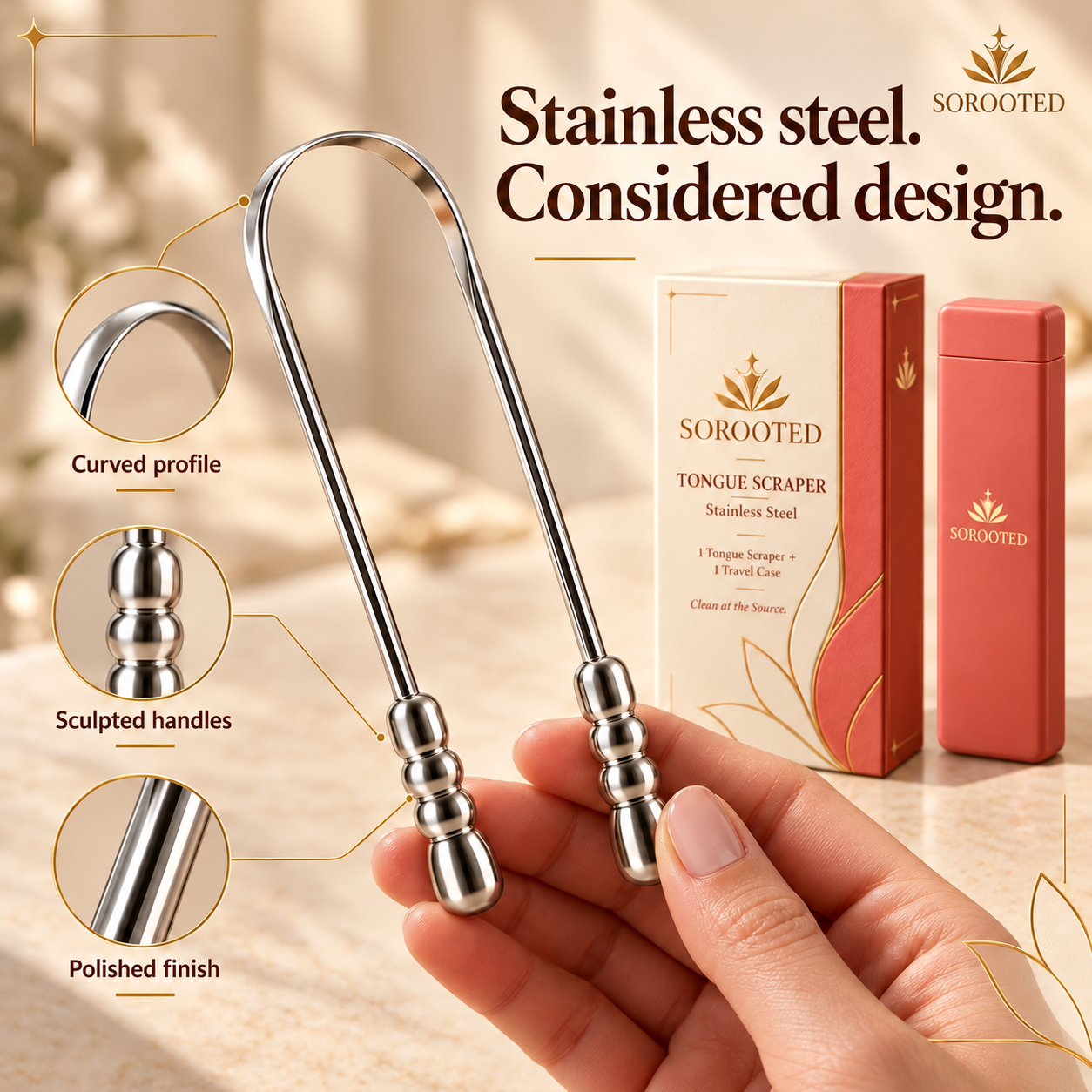 SOROOTED U-shaped Tongue Scraper — steel & shape artwork