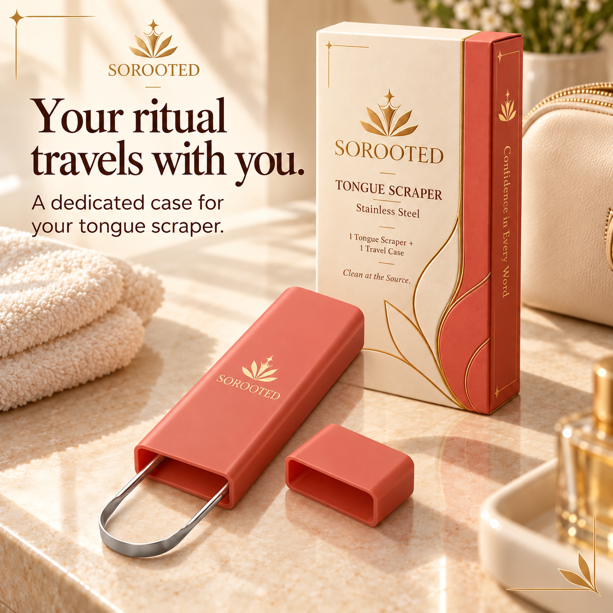 SOROOTED U-shaped Tongue Scraper — travel case artwork